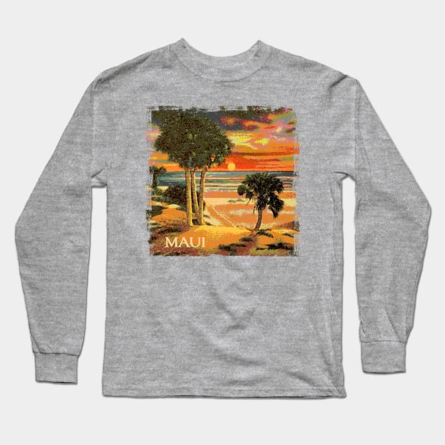 Maui Hawaii Sunset Palm Tree Tropical Beach Retro Style Souvenir Long Sleeve T-Shirt by Pine Hill Goods